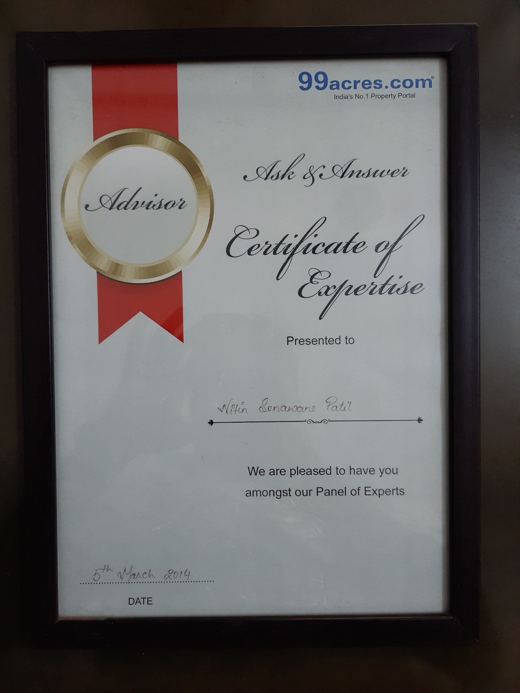 Appreciation from 99 Acres